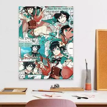 Рамка из цельного дерева, горячая игра, Барбатос, Геншин, ударная вышивка, аниме, игра, домашний декор, холст, печать плакатов, украшение, художественная настенная картина, картина для комнаты 15*20cm(with frame)