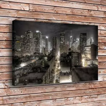 Рамка из цельного дерева Холст Картина 1 шт. Темные здания Нью-Йорка Горизонт Ночная картина Современная HD Тип печати Настенная работа Домашняя декоративная 15*20cm(with frame)