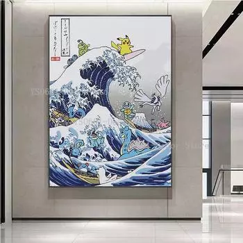 Рамка из цельного дерева, холст, картина «Большая волна от Канагавы против Покемона Пикачу», плакаты японского аниме, настенные художественные фотографии, фреска, домашний декор 15*20cm(with frame)