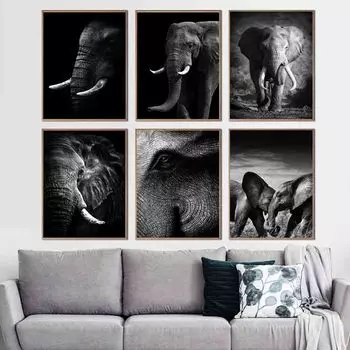 Рамка из цельного дерева, картина на холсте с изображением слона, черно-белые постеры и принты, офисная Настенная картина для гостиной, коридора, домашнего декора 15*20cm(with frame)