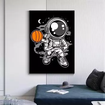 Рамка из цельного дерева, космонавт, баскетбол, космический холст, картины, абстрактные постеры и принты, настенные художественные картины для гостиной, домашний декор 15*20cm(with frame)