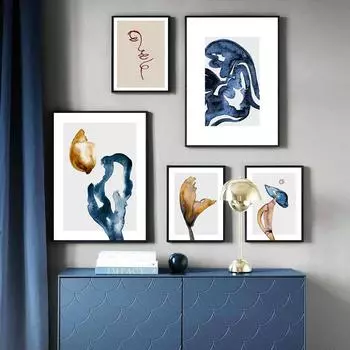 Рамка из цельного дерева, красочные цветы, грибные линии, современное абстрактное произведение искусства, печать плакатов, картина, настенная живопись на холсте, украшение для гостиной 15*20cm(with frame)