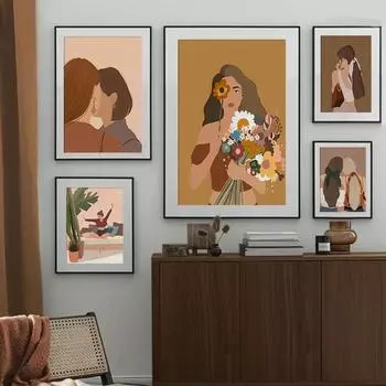 Рамка из цельного дерева, модная девушка с цветком, женщина, минималистичная настенная живопись на холсте, скандинавские украшения дома, постеры и принты, декор для гостиной 15*20cm(with frame)