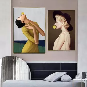 Рамка из цельного дерева, модная картина с пузырьками для девочек, абстрактные женские постеры и принты, настенная художественная картина для гостиной, домашний декор 15*20cm(with frame)