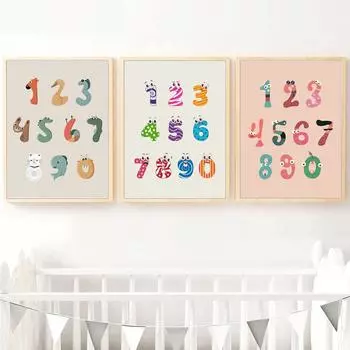 Рамка из цельного дерева, мультфильм, 0-9 номеров, минималистичные постеры на скандинавскую тему и принты, настенная живопись на холсте, настенные картины для детской комнаты, домашний декор для детской комнаты 15*20cm(with frame)