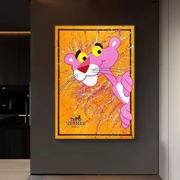 Рамка из цельного дерева, мультяшная Розовая пантера, холст, картина, поп-красочные постеры и принты, уличные настенные художественные картины для гостиной, дома 15*20cm(with frame)