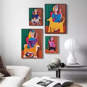 Рамка из цельного дерева, мультяшная милая кошка, леди с собакой, плакат и принты, картина на холсте с животными, абстрактная настенная картина для гостиной, спальни, домашний декор 15*20cm(with frame)