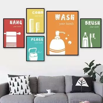 Рамка из цельного дерева, мультяшное красочное полотенце, шампунь, туалет, цитаты, настенная живопись на холсте, плакаты на скандинавскую тему и принты, картинки для ванной комнаты, домашний декор 15*20cm(with frame)