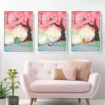 Рамка из цельного дерева, мультяшный покемон, постер, Пикачу, Сквиртл, Чармандер, Бульбазавр, холст, картина, декор для детской комнаты, декор для гостиной, настенные художественные принты 15*20cm(with frame)