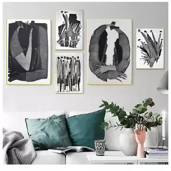 Рамка из цельного дерева НАДЕЖНОЕ ИСКУССТВО Черно-белые абстрактные персонажи Модный постер Картина Печать на холсте Художественные настенные панно для гостиной Домашний декор 15*20cm(with frame)