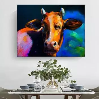 Рамка из цельного дерева НАДЕЖНОЕ ИСКУССТВО Красочные коровы Современные фотографии животных Холст Картины Абстрактные постеры Настенные художественные принты для украшения комнаты 15*20cm(with frame)