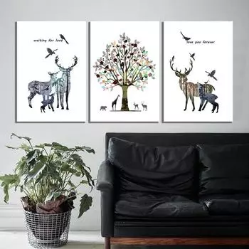 Рамка из цельного дерева, плакаты с изображением лося и дерева любви, художественный холст, Schilderij, скандинавский стиль, фото для домашнего декора 15*20cm(with frame)