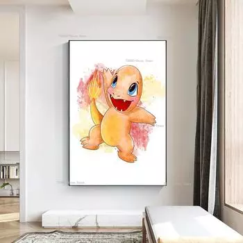 Рамка из цельного дерева Покемон Пикачу Сквиртл Чармандер Иви постер японского аниме холст картина Декор в гостиную настенные художественные принты домашний декор 15*20cm(with frame)