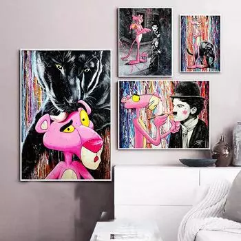 Рамка из цельного дерева, поп-арт, цветное граффити, Розовая пантера, мультяшный постер и принт, холст, картина, настенная картина для гостиной, украшение дома 15*20cm(with frame)