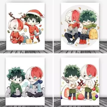 Рамка из цельного дерева, постер для рождественской вечеринки «Мой герой Академии», постер аниме «Мой герой Академии», холст, настенные художественные принты, украшение для дома 15*20cm(with frame)