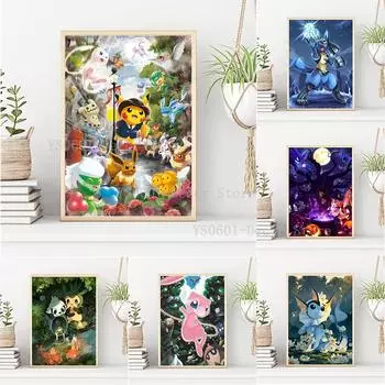 Рамка из цельного дерева, японское аниме, покемон, постер, милый мультяшный Пикачу, персонаж, холст, картина, декор для гостиной, настенная художественная картина, домашний декор 15*20cm(with frame)