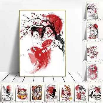 Рамка из цельного дерева, японское искусство, настенное искусство, гейша, кошка, кои, пейзаж, холст, живопись, осенние постеры и принты, фотографии для гостиной, домашний декор 15*20cm(with frame)