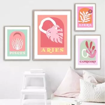 Рамка из цельного дерева Рак Лев Знак зодиака Звезда Лист Бохо Ретро Стена Искусства Холст Картины Скандинавские Современные Плакаты Печатает Фотографии Спальня Домашний Декор 15*20cm(with frame)