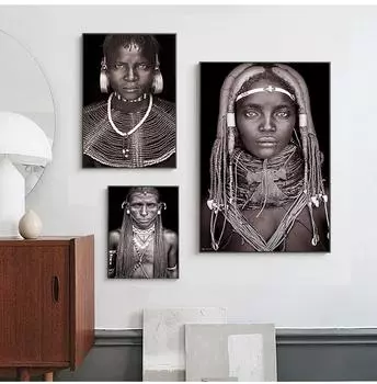 Рамка из цельного дерева Рамка из цельного дерева Африканская женщина Мужчина Настенное искусство Портрет Украшение дома Черно-белая картина на холсте для гостиной Настенные картины Quadro 15*20cm(with frame)