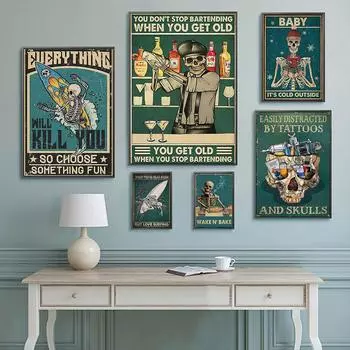 Рамка из цельного дерева Ретро Забавный Скелет Череп Серфинг Холст Картина Мода Персонализированный слоган Бар Настенная картина для гостиной Домашний декор 15*20cm(with frame)