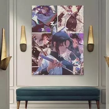 Рамка из цельного дерева Shinobu Kocho Kimetsu No Yaiba Аниме Принты Убийца Демонов Холст Плакаты Картина Стена Гостиная Домашний Декор Модульные Картины 15*20cm(with frame)