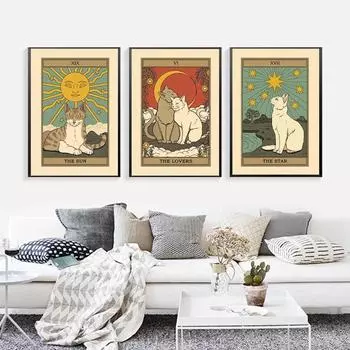 Рамка из цельного дерева, скандинавская абстракция, настенные художественные картины «Влюбленные Таро», холст, картина, Солнце, звезда, императрица, кошка, постеры, принты, домашний декор для гостиной 15*20cm(with frame)