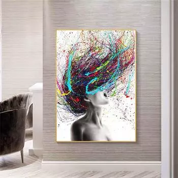 Рамка из цельного дерева, современная абстрактная цветная картина для волос, женская картина на холсте, постеры и принты, настенная художественная картина для гостиной, домашний декор 15*20cm(with frame)