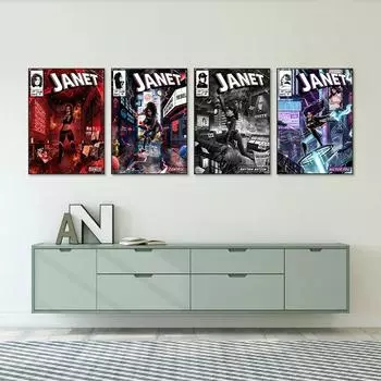 Рамка из цельного дерева, современные мультяшные картины, музыкальная звезда Джанет, настенное искусство, картины на холсте, принты с вентилятором, постеры для офиса, спальни, гостиной, домашний декор 15*20cm(with frame)