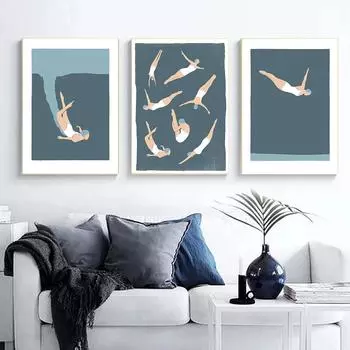 Рамка из цельного дерева, современные настенные художественные принты, плакаты, женский пловец, ныряние в бассейн, холст, живопись, тренажерный зал, офис, кухня, домашний декор 15*20cm(with frame)