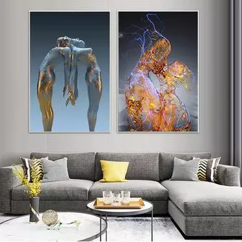 Рамка из цельного дерева спина к спине Пара Скульптура Печать на холсте Плакаты Сюрреализм Абстрактная фигура Живопись Настенная картина для комнаты Домашний декор 15*20cm(with frame)