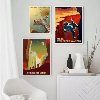 Рамка из цельного дерева. Требуются исследователи на холсте. Классические постеры и принты с космической программой. Винтажная Вселенная, настенные художественные картины для бара, домашний декор. 15*20cm(with frame)