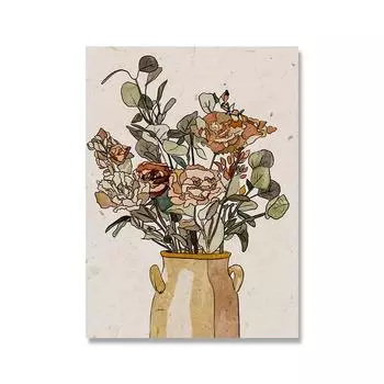 Рамка из цельного дерева, винтажный подсолнечник, сушеный цветок, настенное искусство, печать плакатов, ваза в стиле бохо, минималистичная цветочная картина на холсте, картина для гостиной, домашнего декора 15*20cm(with frame)