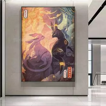 Рамка из цельного дерева, винтажный покемон, Espeon Umbreon, плакат Eeveelutions, плакат японского аниме, настенные художественные принты, декор для гостиной, домашний декор, фреска 15*20cm(with frame)