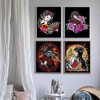 Рамка из массива дерева, винтажные плакаты восточного искусства, японские ужасы, гейша, скандинавская картина на холсте, ретро, абстрактные настенные картины, домашний декор для гостиной 15*20cm(with frame)