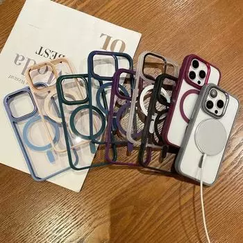 Рамка ярких цветов, прозрачная задняя крышка для Iphone 15 14 Pro Max 13 12 11, противоударный магнитный чехол Magsafe iPhone 15 Pro Max чёрный