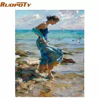 Рамка RUOPOTY для девочек, сделай сам, картина по номерам, фигурка, современное настенное искусство, холст, ручная роспись, краска по номерам для домашнего декора 40x50CM NO Frame