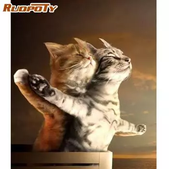 Рамка RUOPOTY, картина с двумя кошками, животными, сделай сам, картина по номерам, раскраска по номерам, акриловая картина на холсте, ручная роспись, искусство рисования 40x50CM NO Frame