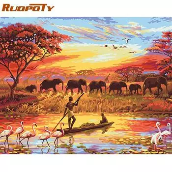 Рамка RUOPOTY, картина слона, сделай сам, картина по номерам, пейзаж, современное настенное искусство, акриловая картина на холсте для домашнего декора 40x50 см 40x50CM NO Frame