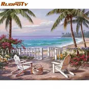 Рамка RUOPOTY Приморский пейзаж DIY Наборы для рисования по номерам Акриловая краска по номерам Современная настенная художественная картина для домашнего декора 40x50CM NO Frame