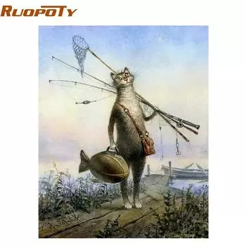 Рамка RUOPOTY с изображением кота, рыбалки, животных, набор для рисования по номерам, набор для рисования, краска по номерам, настенное искусство, уникальный подарок для детей 40X50 см
