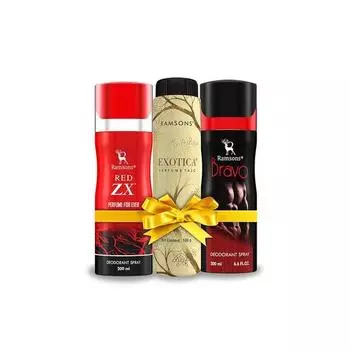 RAMSONS Deo Talc Combo | 1 дезодорант-спрей Red ZX - 200 мл | 1 дезодорант-спрей Bravo - 200 мл | 1 парфюмированный тальк Exotica - 100 г | комбинированная упаковка из 3 шт.
