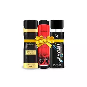 RAMSONS Deo Talc Combo | 1 Exotica Intense Deodorant Spray - 200 мл | 1 Rhymes Deodorant Spray - 200 мл | 1 RED ZX Deo Talc - 100 г | Combo Pack of 3