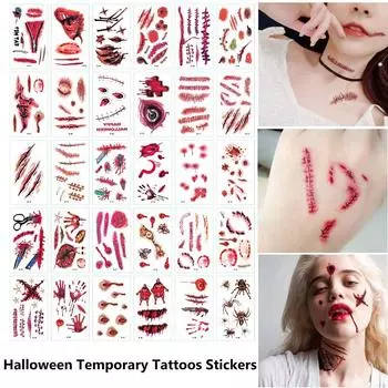 Рана Кровь Травма Наклейка Ужас Шрамы Водный Перевод Слайдер Хэллоуин Временные Татуировки Наклейки разноцветный