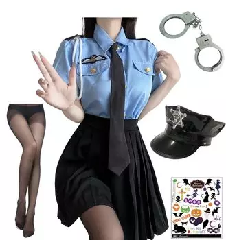 Раннее утро Полицейский Сексуальная Полицейская Роскошный Полный Включает Полицейский и Хэллоуин Тату S775 Косплей, Костюм, Набор, Наручники, Шляпа, Колготки, синий