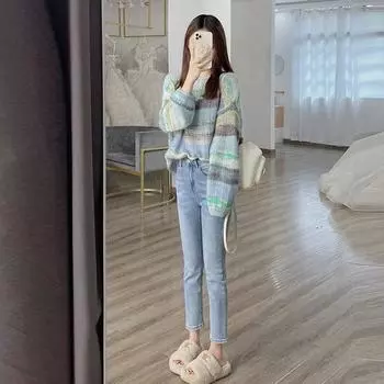 Ранний осенний пуловер, женский уникальный модный топ, дизайнерский смысл, женский нишевый элитный корейский полосатый вязаный свитер, женский One Size синий