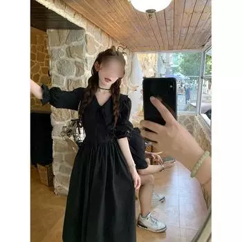Ранним летом новое повседневное темпераментное длинное платье черное платье с V-образным вырезом и длинными рукавами детский год S- (can be worn within 45kg)