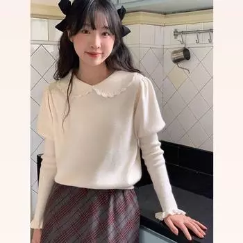 Ранняя осень 2023 года, женская, новая, белая, универсальная, с крючком, кружевом, кукольным вырезом, рукавами-пузырями, трикотажная рубашка для женщин S белый