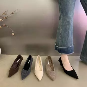 Ранняя осень 2024 г. Рождество Sa зеленые бархатные туфли на высоком каблуке из шерсти бархатные туфли на остром каблуке-кошке маленькие одинарные туфли женские каблуки 35 чёрный