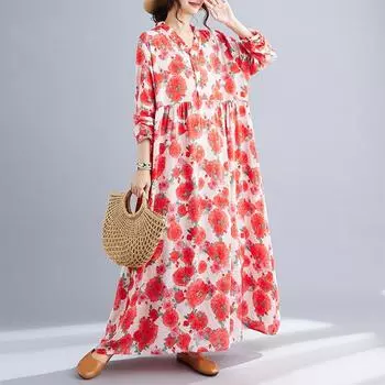 Ранняя осень богемный ретро хлопок лен принт длинное платье с рукавами свободные для женщин платья L