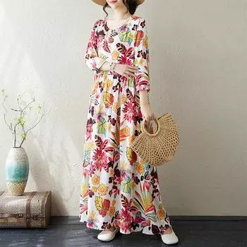 Ранняя осень Цветочный отпуск Стиль Путешествия Круглый вырез Ретро Длинная юбка Свободный Повседневный Мясо Покрытие Хлопок Льняное Платье для Женщин Платья L